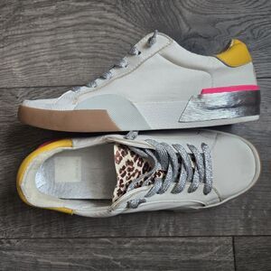 Dolce Vita Zina Sneakers 7 Off White Leather Leopard Calf Hair Neon Pink Silver